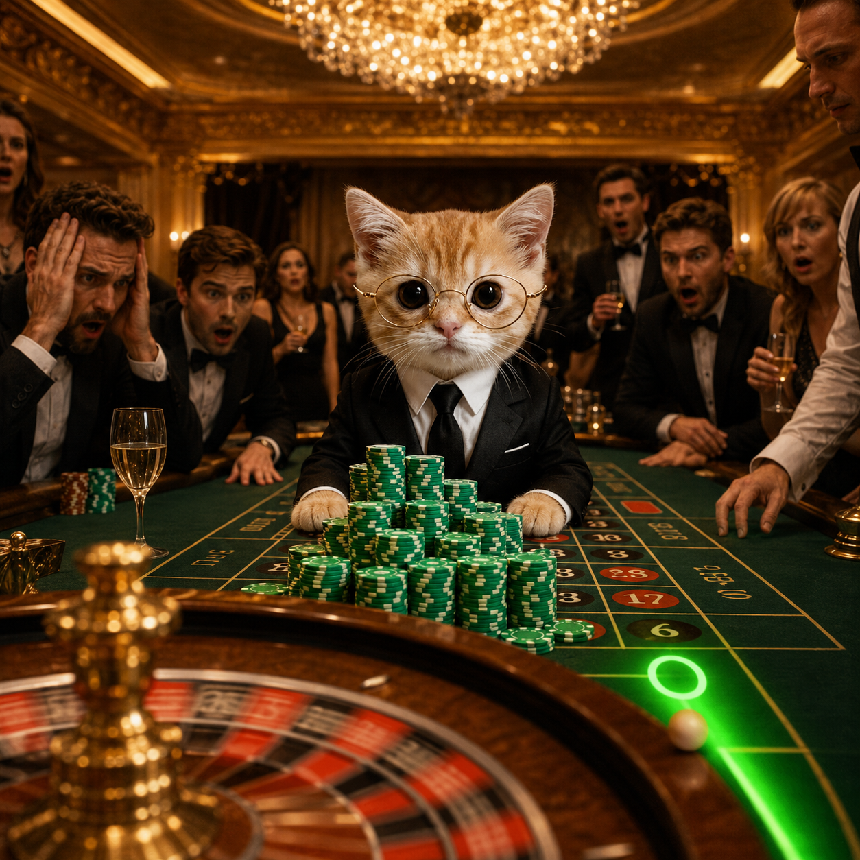 Cat in a tuxedo at a casino roulette table with tall stacks of green chips