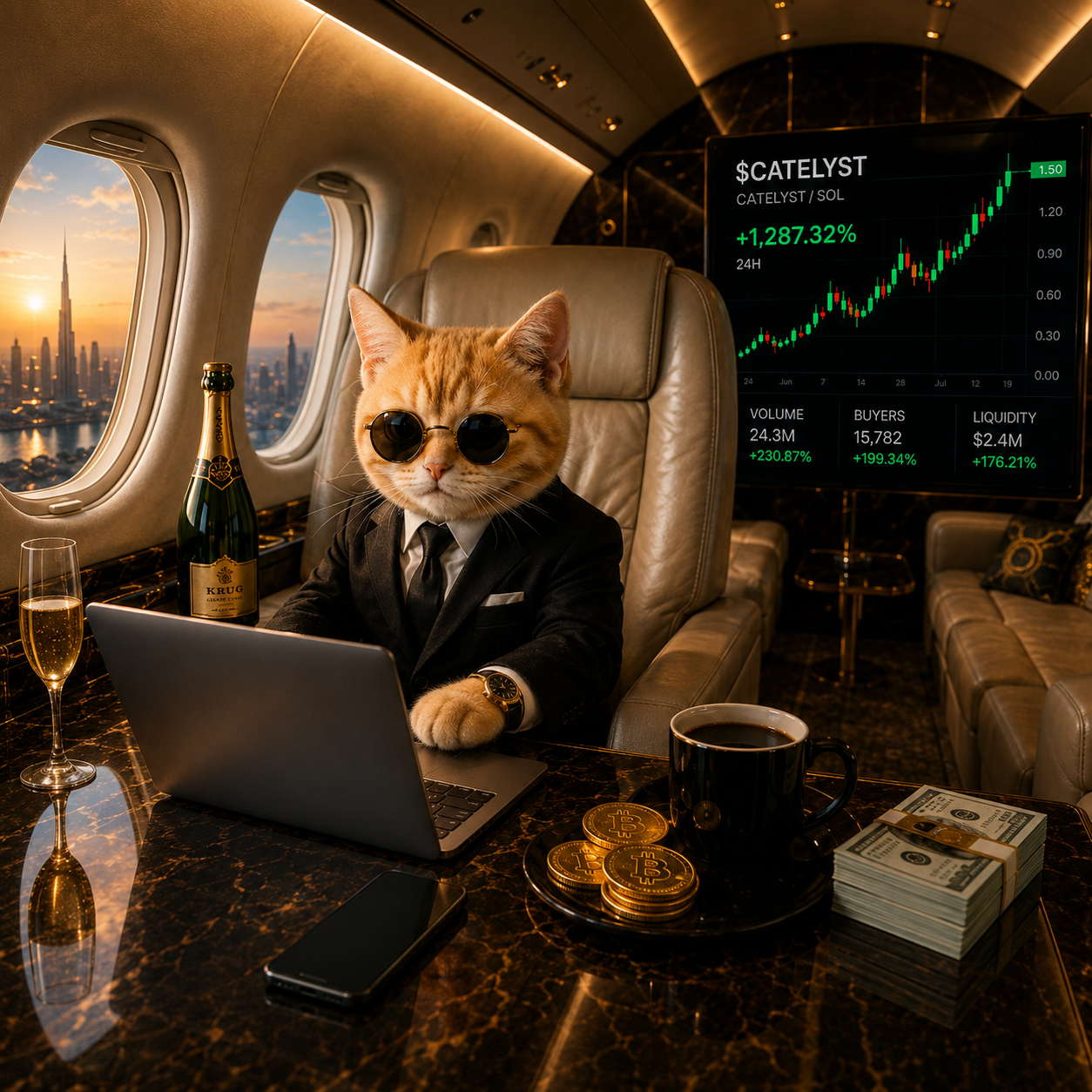 Cat in a suit and sunglasses working on a laptop in a private jet next to a $CATELYST chart up 1,287 percent