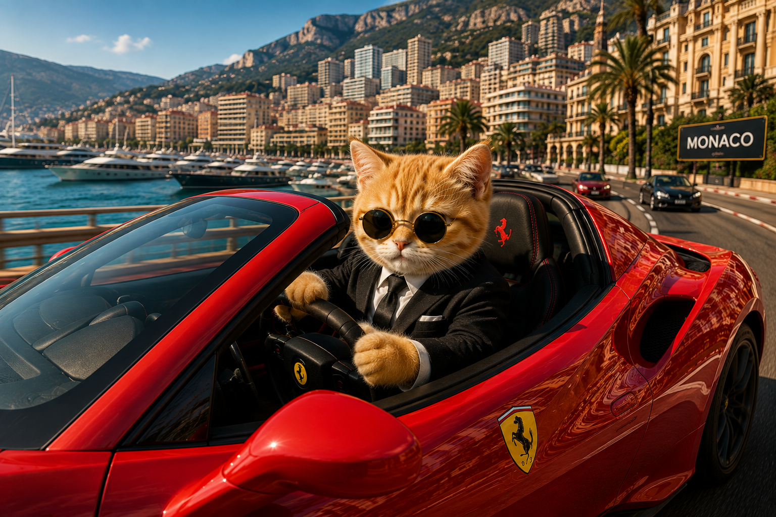 Cat wearing sunglasses driving a red sports car along the Monaco harbour