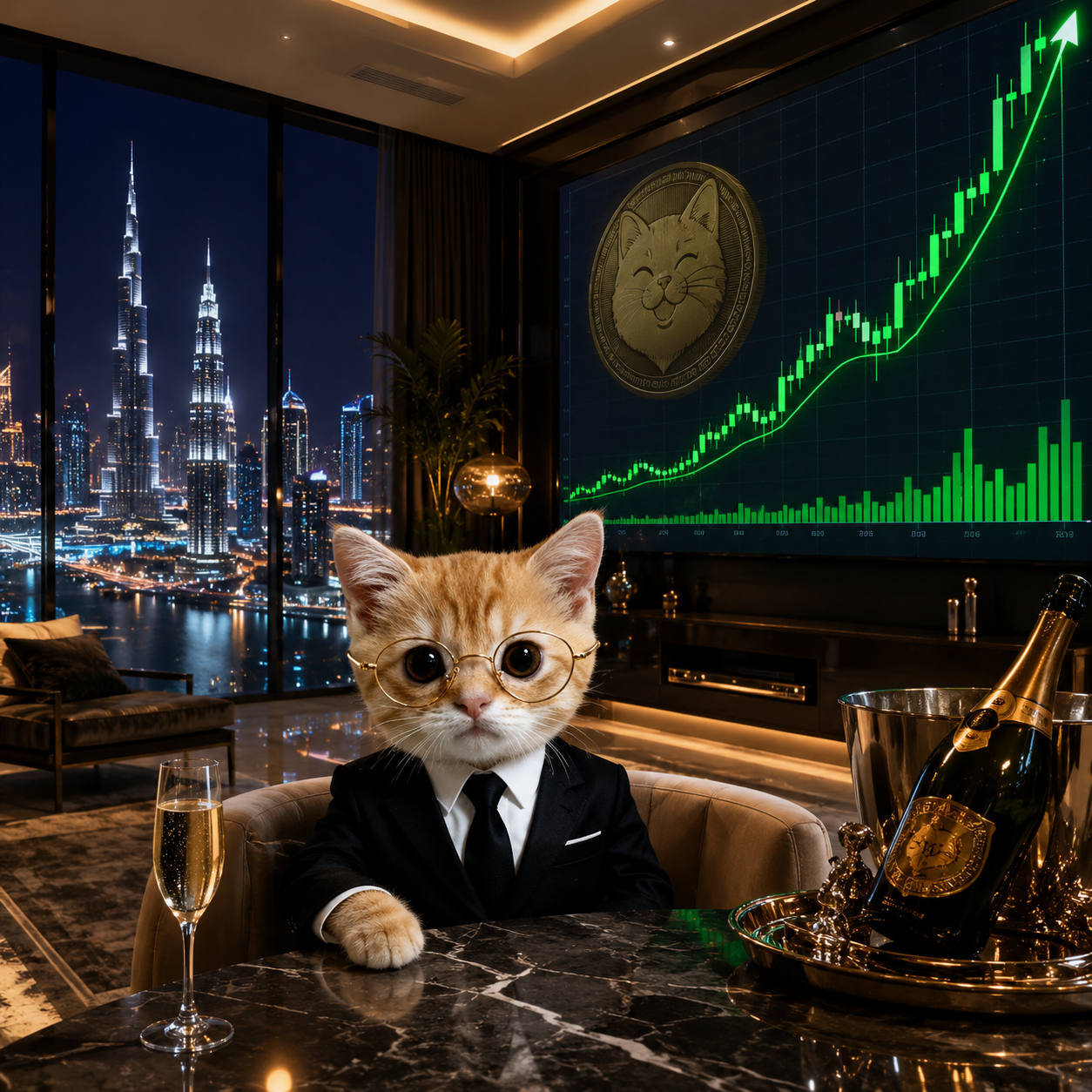 Cat in a suit sipping champagne in a Dubai penthouse in front of a green candlestick chart